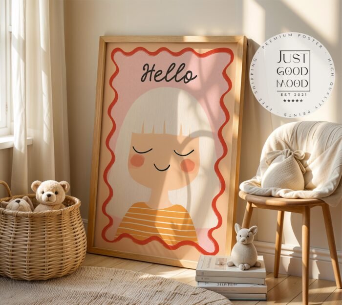 Poster Kinderzimmer Mädchen · Hello Schriftzug · Fröhliches Porträt mit weißen Haaren · Sanfte Farben · Deko ohne Rahmen – Bild 18