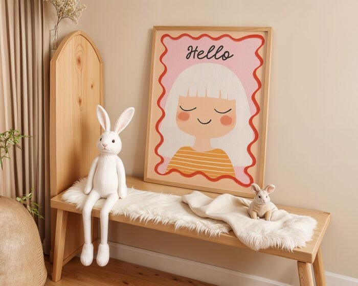 Poster Kinderzimmer Mädchen · Hello Schriftzug · Fröhliches Porträt mit weißen Haaren · Sanfte Farben · Deko ohne Rahmen – Bild 4