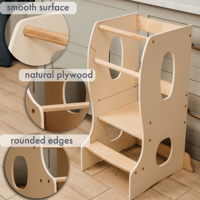 Stabiler Montessori Lernturm: Mitwachsender Kinderstuhl aus Holz – Elfenbein – Bild 4