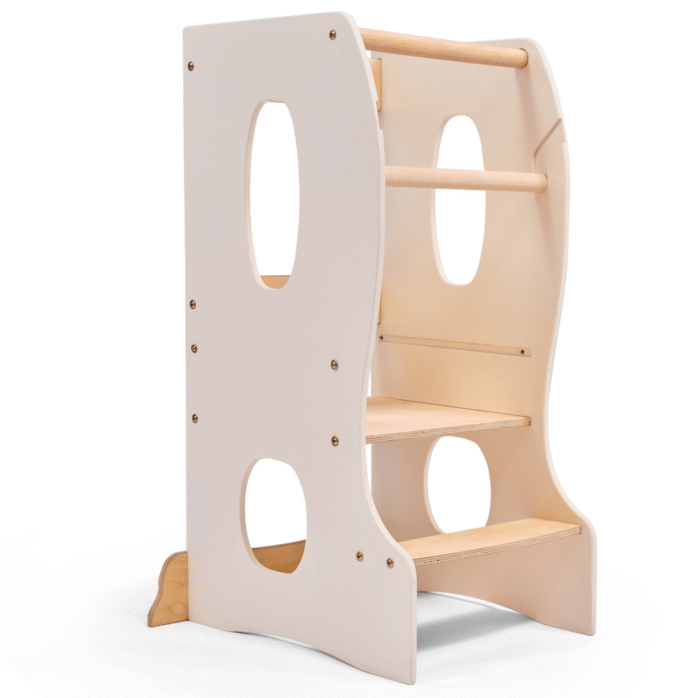 Stabiler Montessori Lernturm: Mitwachsender Kinderstuhl aus Holz – Elfenbein – Bild 1